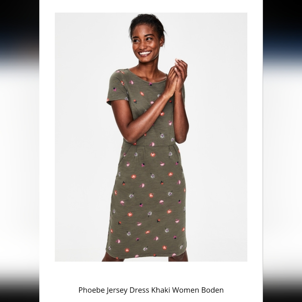Boden Olive Midi Dress with Colorful Embroidery Size 10R